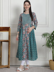 Floral Print Teal Cotton Maternity Kurta