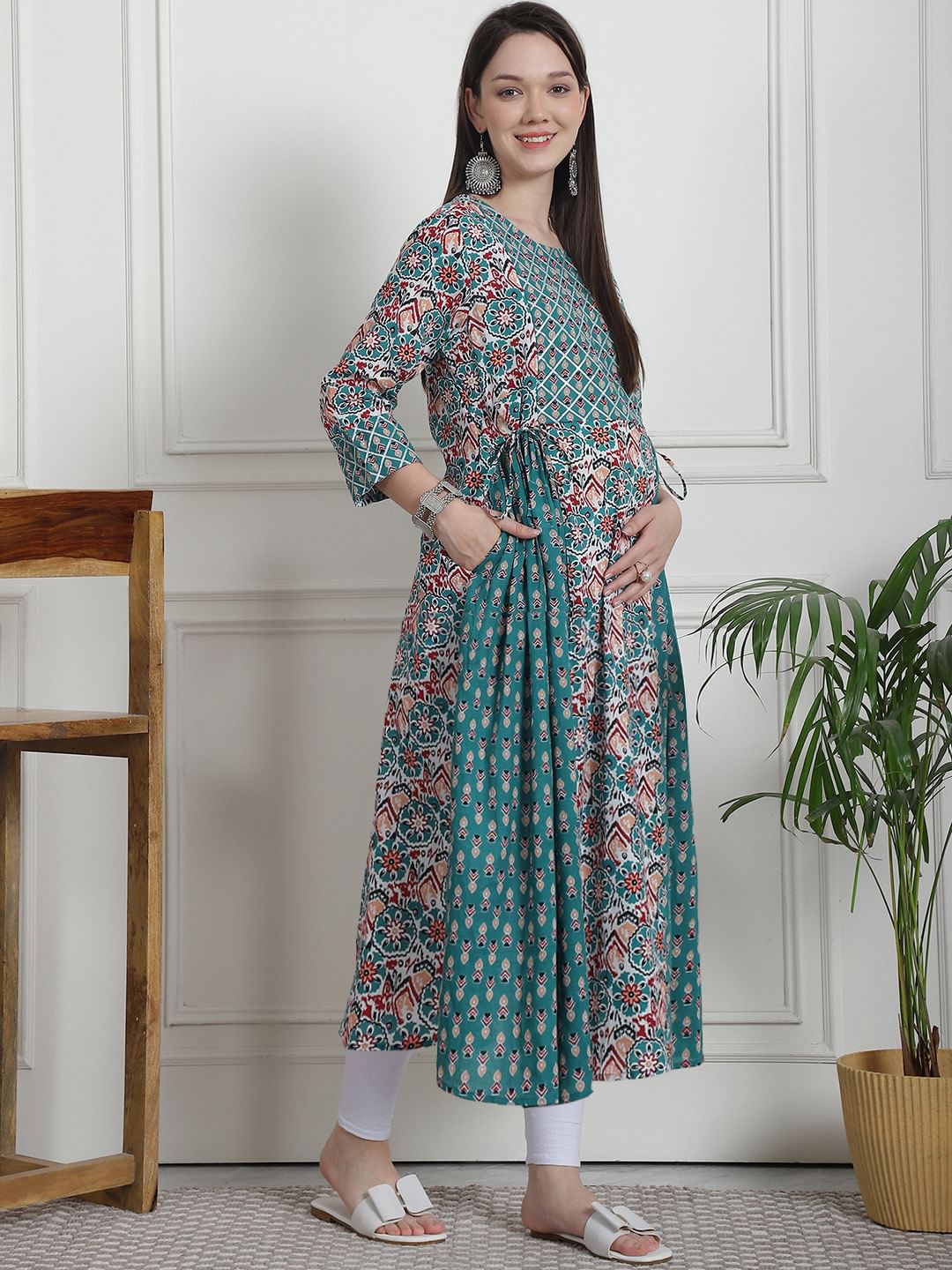 Floral Print Teal Cotton Maternity Kurta