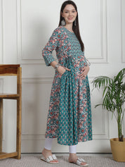 Floral Print Teal Cotton Maternity Kurta