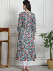 Floral Print Teal Cotton Maternity Kurta