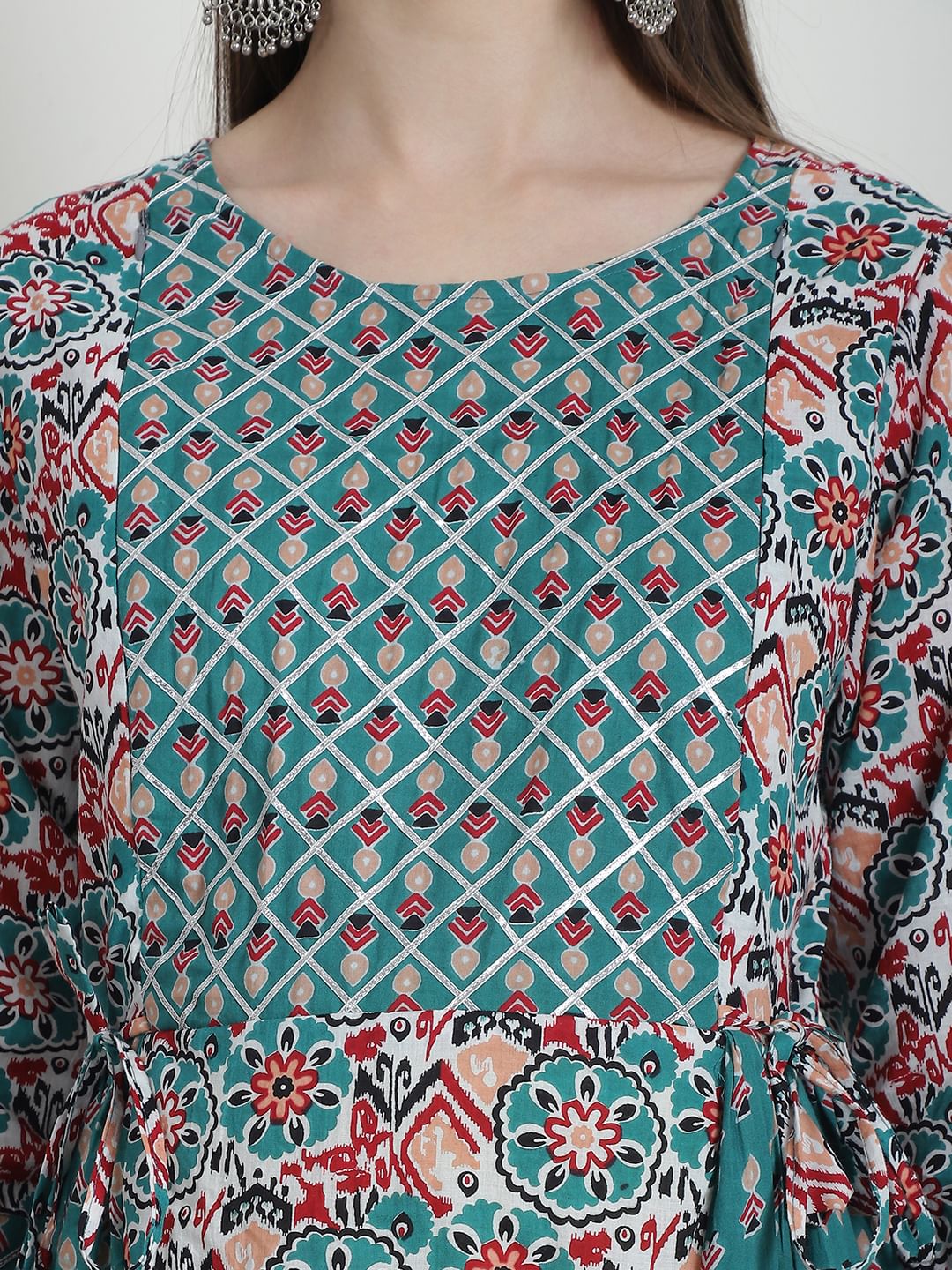 Floral Print Teal Cotton Maternity Kurta