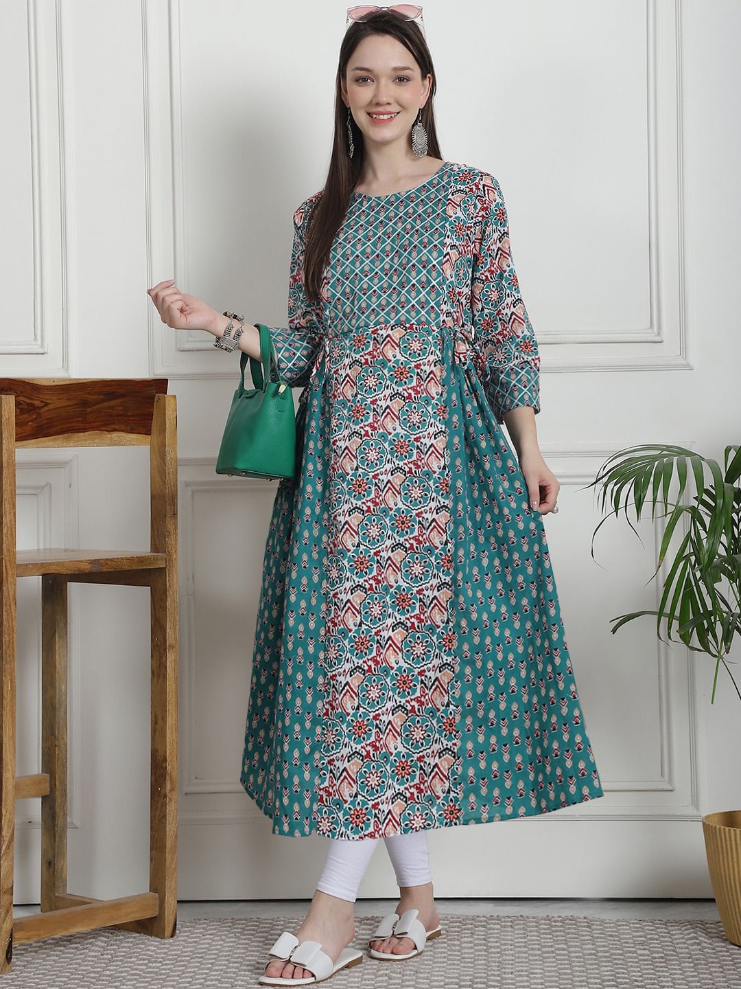 Floral Print Teal Cotton Maternity Kurta