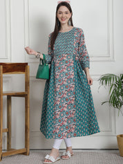 Floral Print Teal Cotton Maternity Kurta