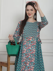 Floral Print Teal Cotton Maternity Kurta