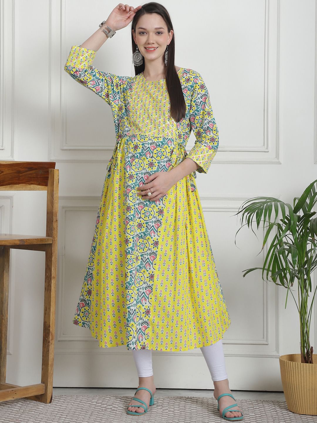 Floral Print Yellow Cotton Maternity Kurta