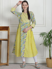 Floral Print Yellow Cotton Maternity Kurta
