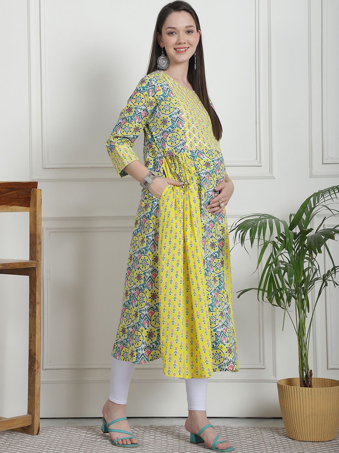 Floral Print Yellow Cotton Maternity Kurta