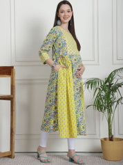 Floral Print Yellow Cotton Maternity Kurta