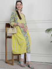 Floral Print Yellow Cotton Maternity Kurta