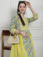Floral Print Yellow Cotton Maternity Kurta