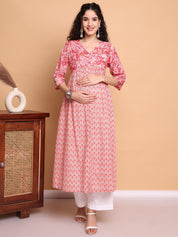 Peach Floral Cotton Lurex Maternity Kurta with Trouser