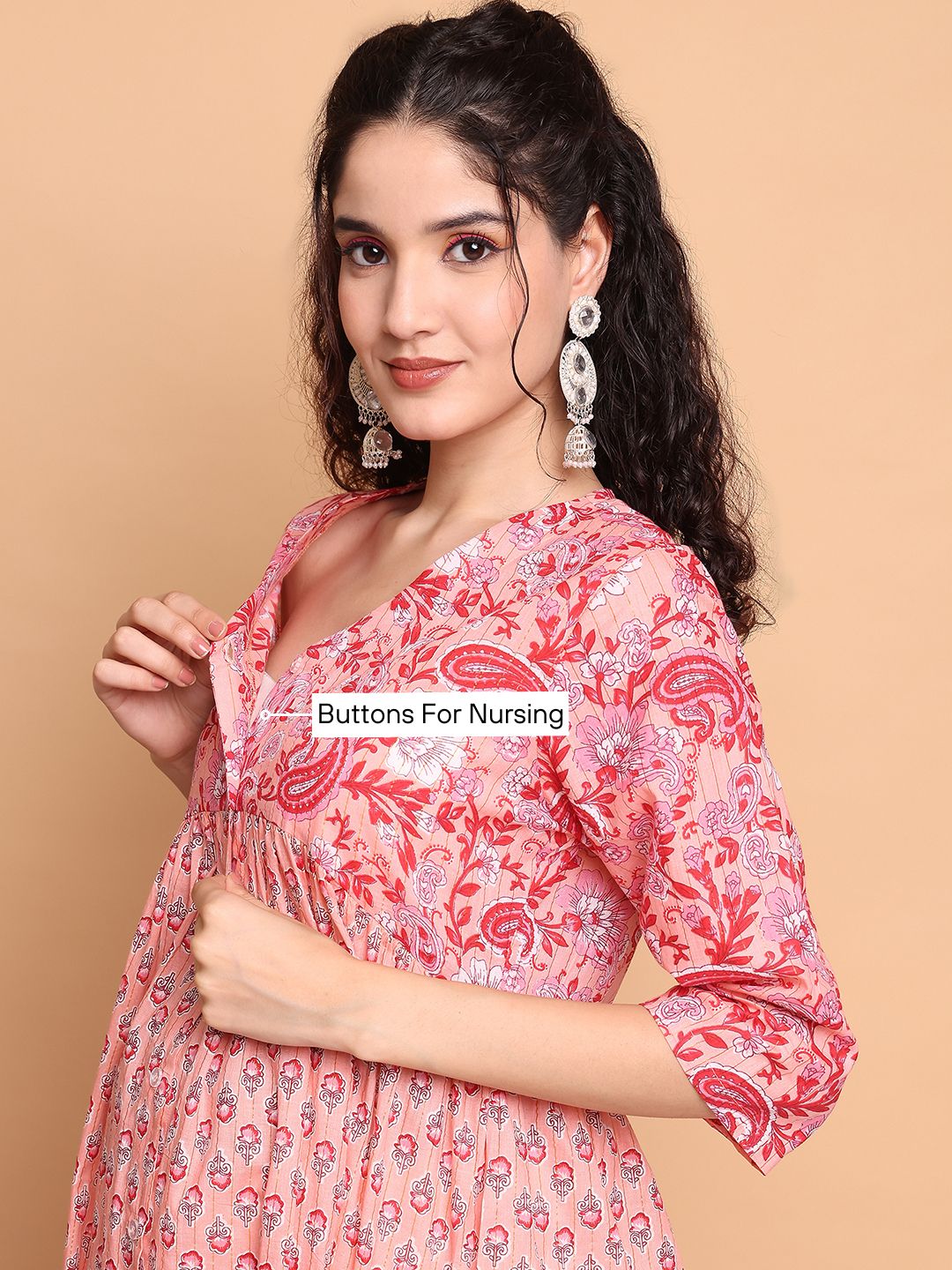 Peach Floral Cotton Lurex Maternity Kurta with Trouser