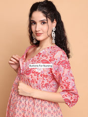 Peach Floral Cotton Lurex Maternity Kurta with Trouser