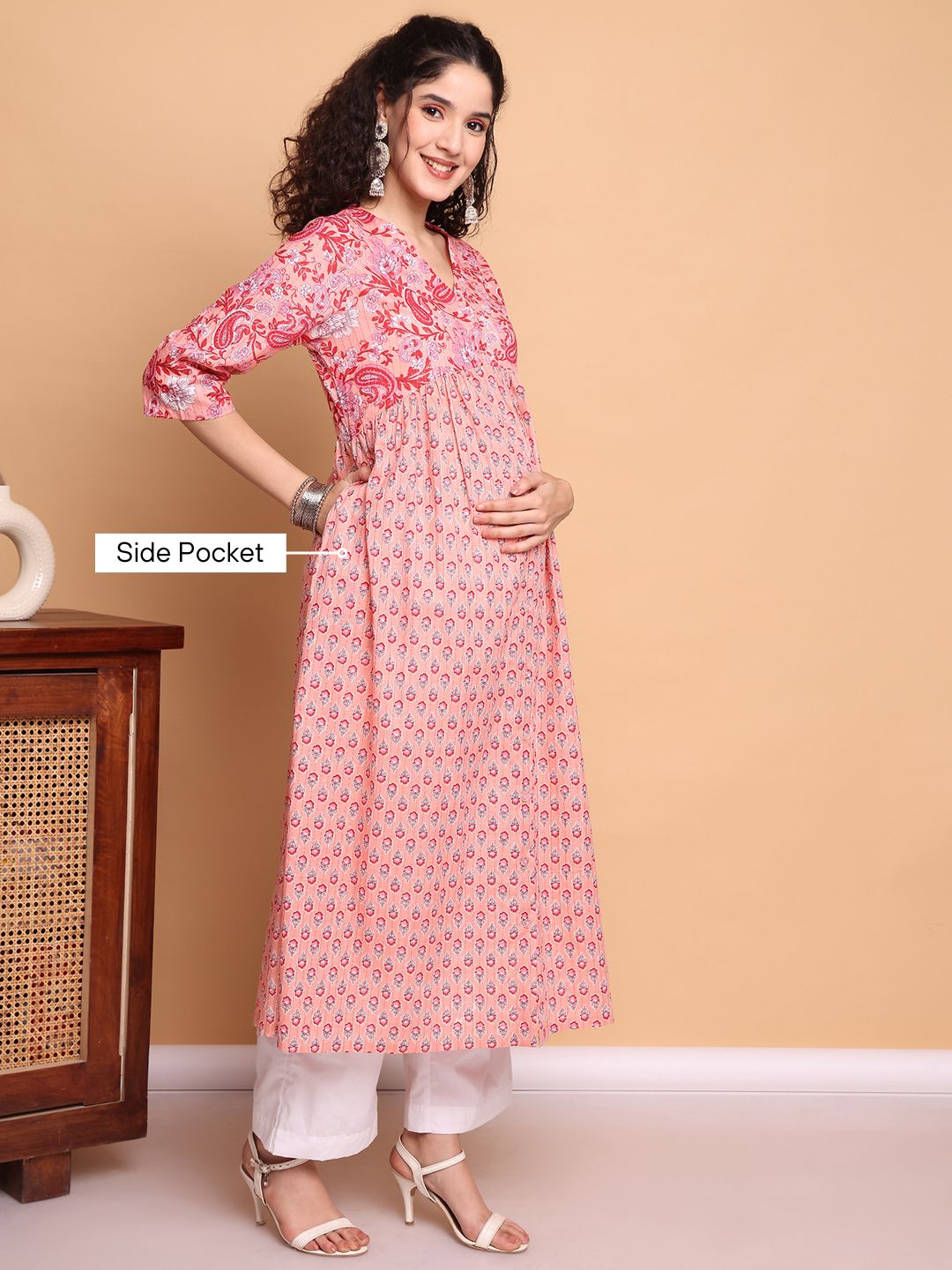 Peach Floral Cotton Lurex Maternity Kurta with Trouser