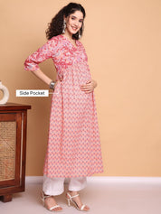 Peach Floral Cotton Lurex Maternity Kurta with Trouser