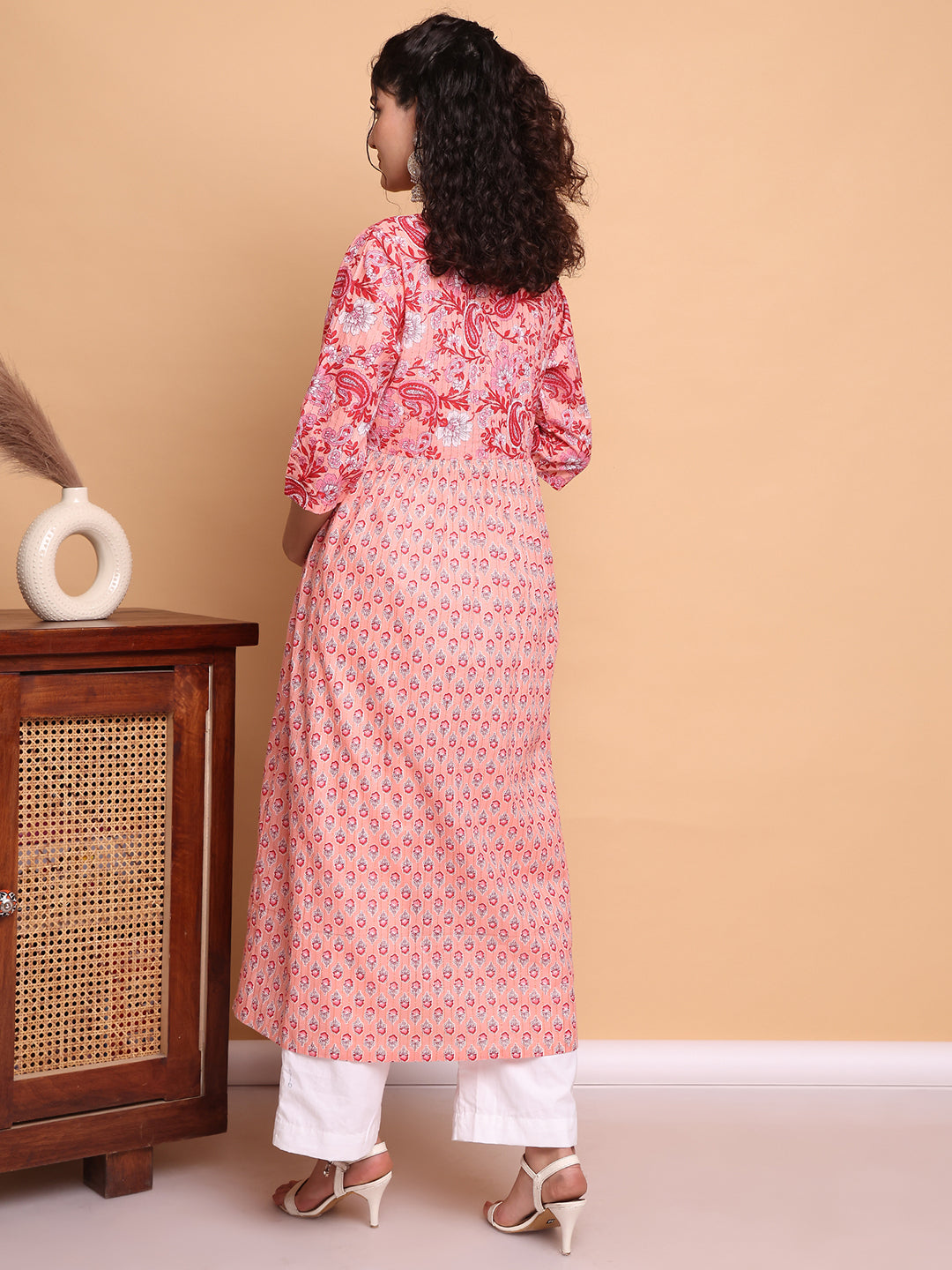 Peach Floral Cotton Lurex Maternity Kurta with Trouser