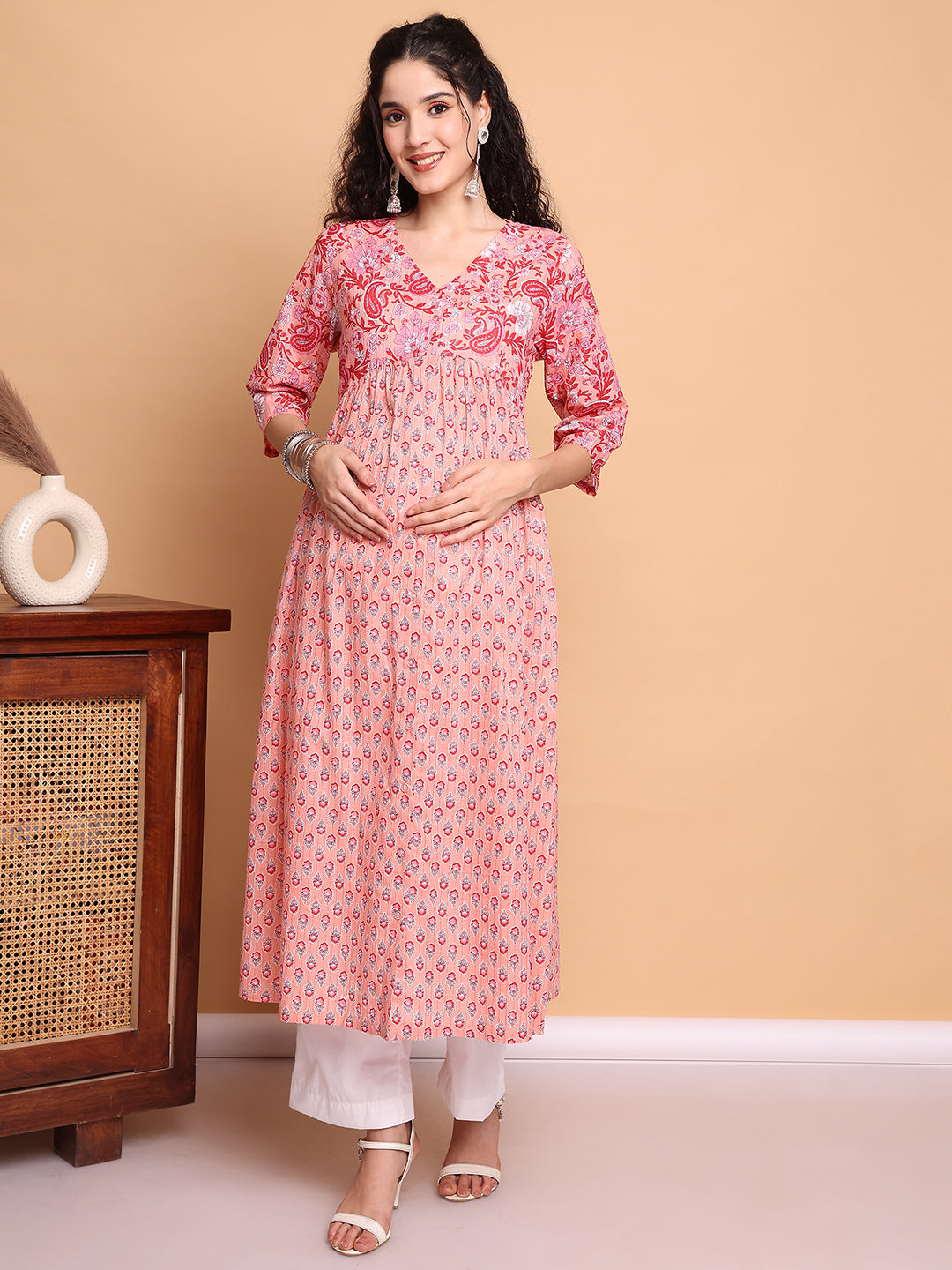 Peach Floral Cotton Lurex Maternity Kurta with Trouser