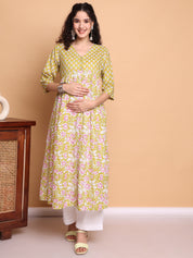 Yellow Floral Cotton Lurex Maternity Kurta with Trouser