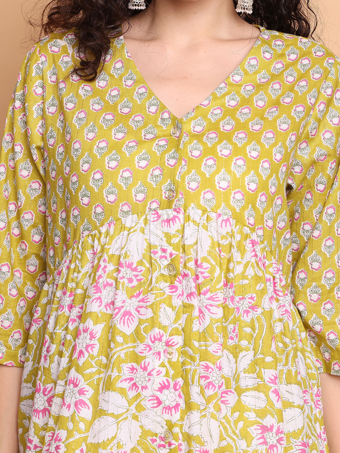 Yellow Floral Cotton Lurex Maternity Kurta with Trouser