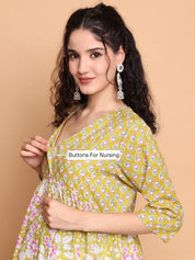 Yellow Floral Cotton Lurex Maternity Kurta with Trouser