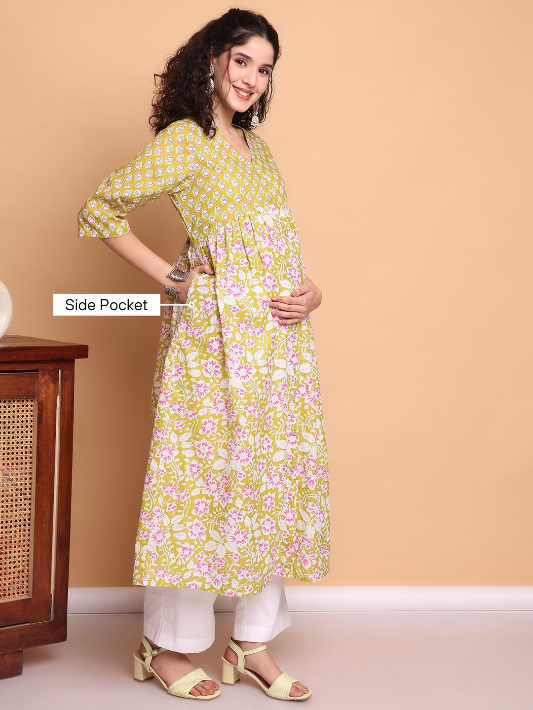 Yellow Floral Cotton Lurex Maternity Kurta with Trouser