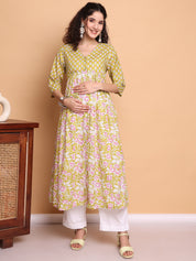 Yellow Floral Cotton Lurex Maternity Kurta with Trouser