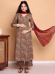 Red Paisley Cotton Maternity Kurta with Trouser and Dupatta