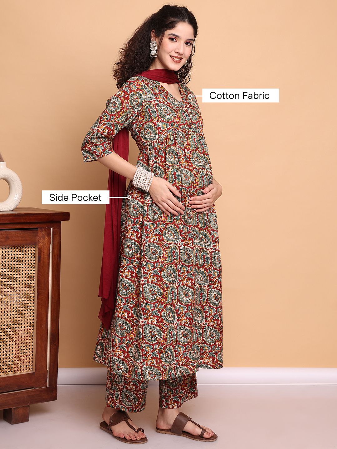 Red Paisley Cotton Maternity Kurta with Trouser and Dupatta