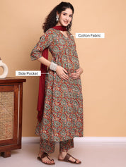 Red Paisley Cotton Maternity Kurta with Trouser and Dupatta