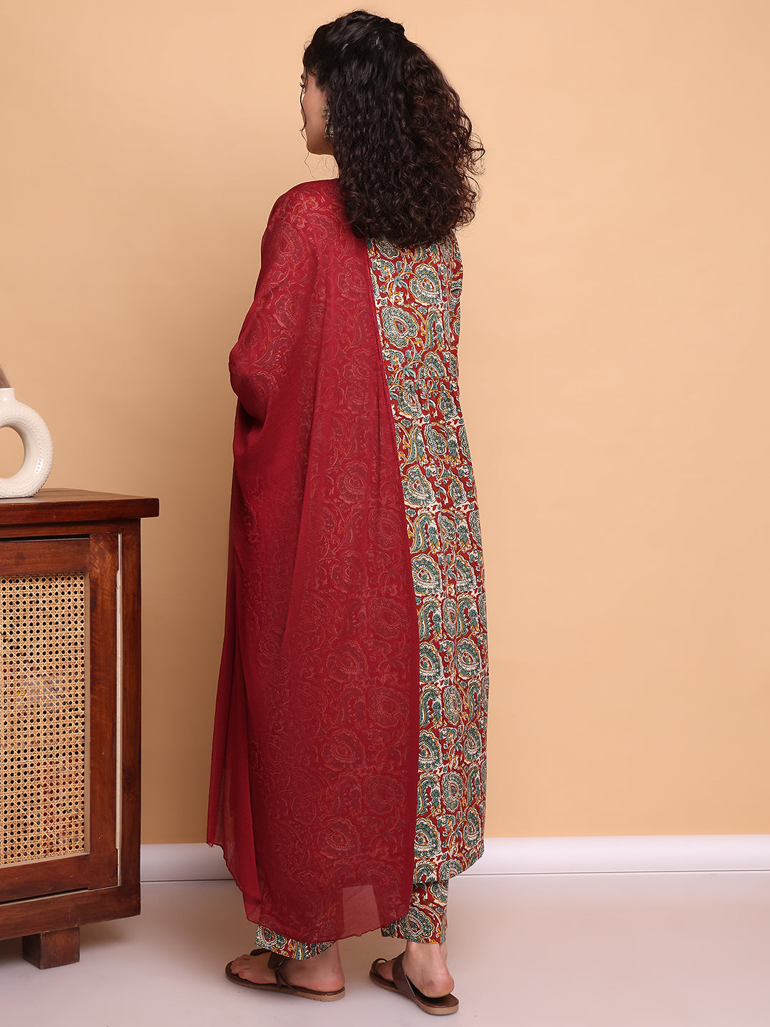 Red Paisley Cotton Maternity Kurta with Trouser and Dupatta