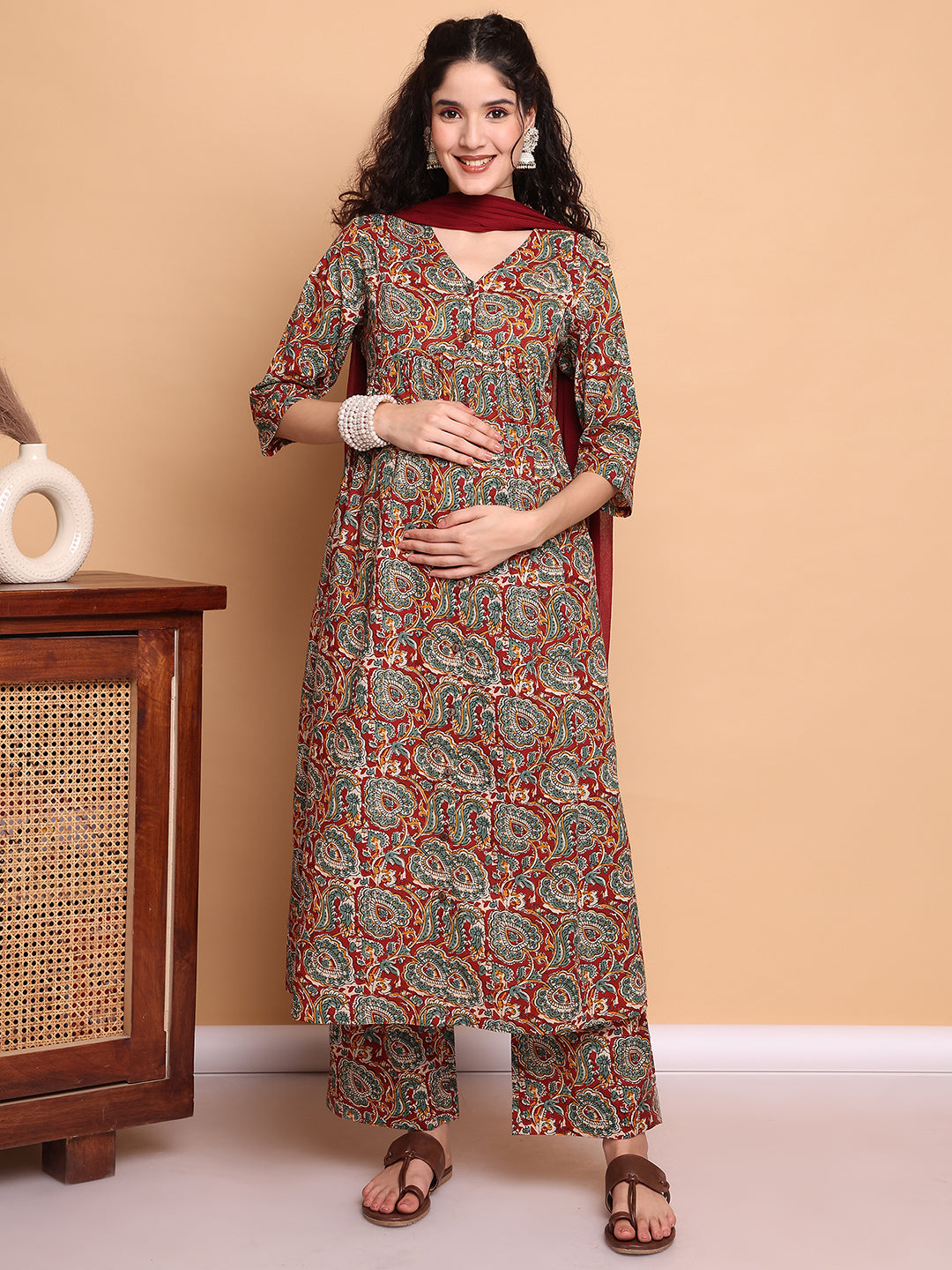 Red Paisley Cotton Maternity Kurta with Trouser and Dupatta