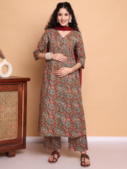 Red Paisley Cotton Maternity Kurta with Trouser and Dupatta