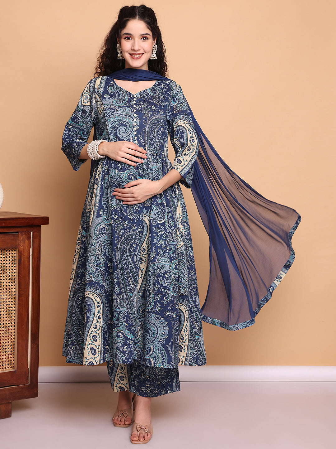 Blue Paisley Cotton Maternity Kurta with Trouser and Dupatta
