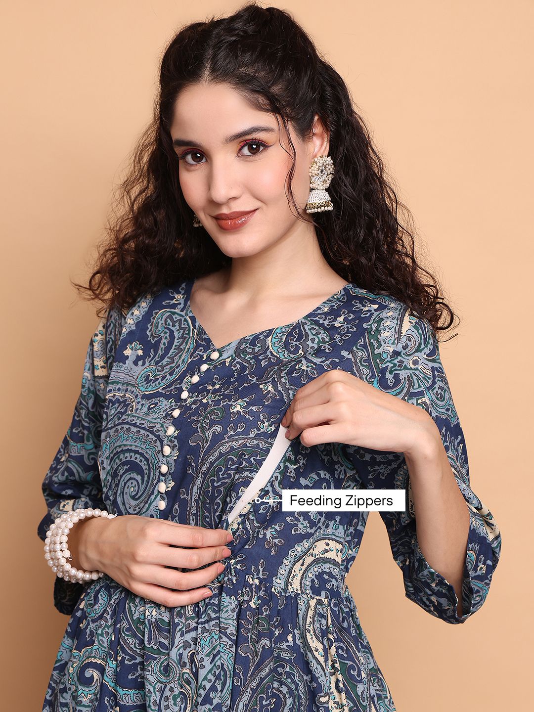 Blue Paisley Cotton Maternity Kurta with Trouser and Dupatta