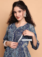 Blue Paisley Cotton Maternity Kurta with Trouser and Dupatta