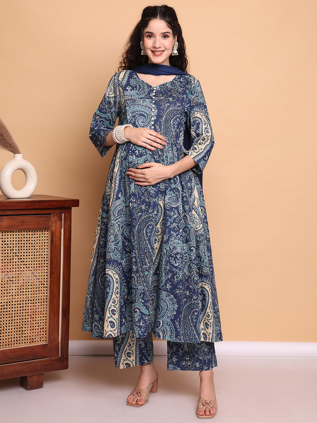 Blue Paisley Cotton Maternity Kurta with Trouser and Dupatta