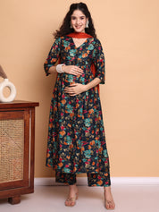 Navy Blue Floral Silk Blend Maternity Kurta with Trouser and Dupatta