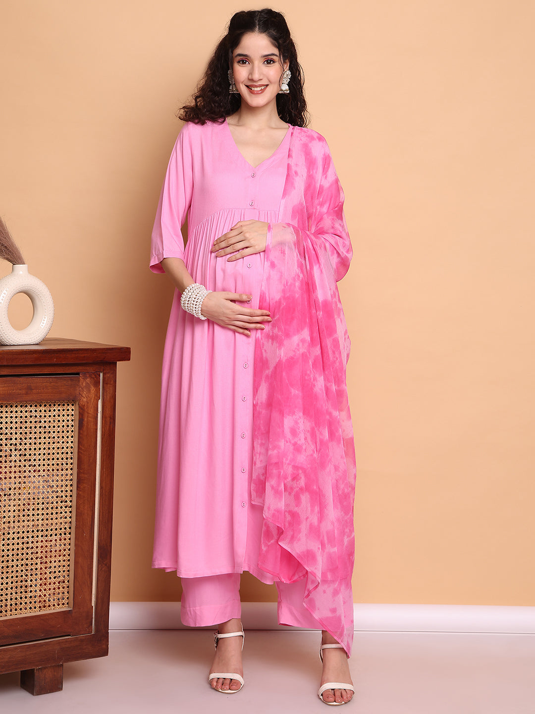 Pink Solid Rayon Maternity Kurta with Trouser and Dupatta