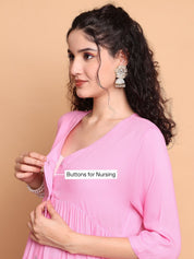 Pink Solid Rayon Maternity Kurta with Trouser and Dupatta