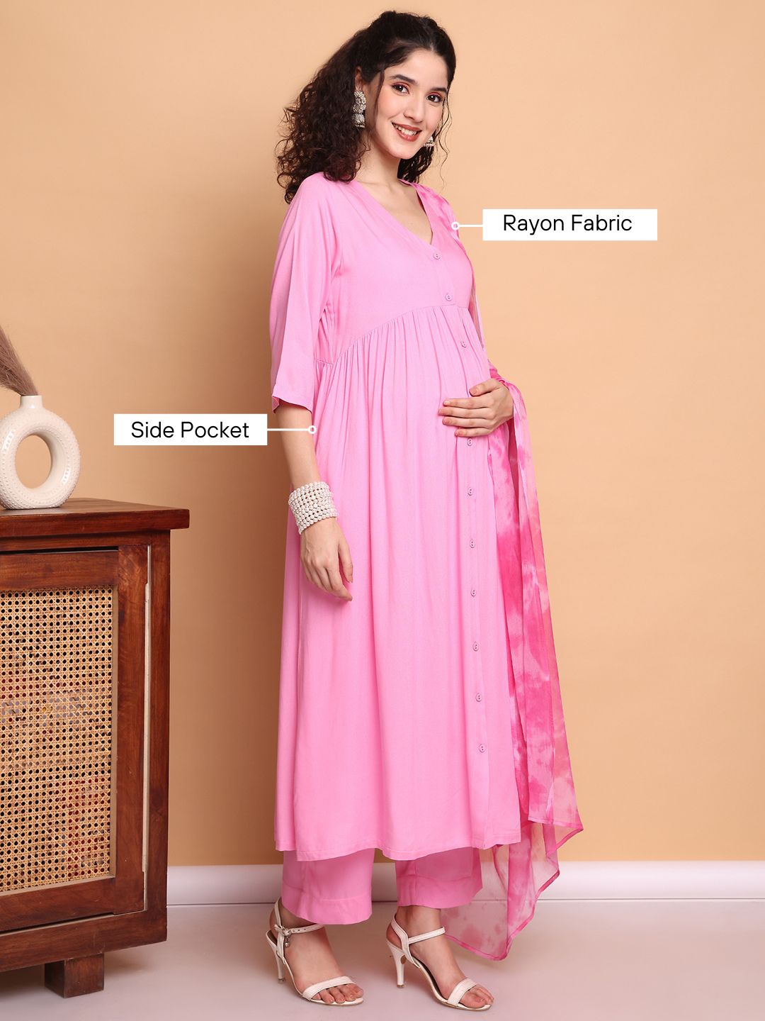 Pink Solid Rayon Maternity Kurta with Trouser and Dupatta