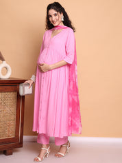 Pink Solid Rayon Maternity Kurta with Trouser and Dupatta