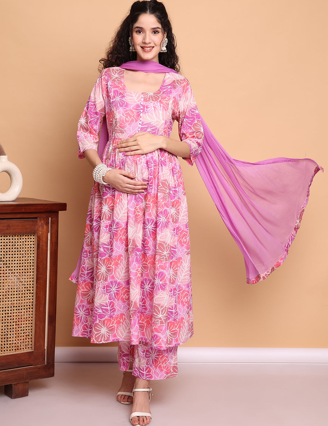 Pink Floral Cotton Maternity Kurta with Trouser and Dupatta
