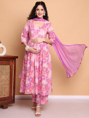 Pink Floral Cotton Maternity Kurta with Trouser and Dupatta