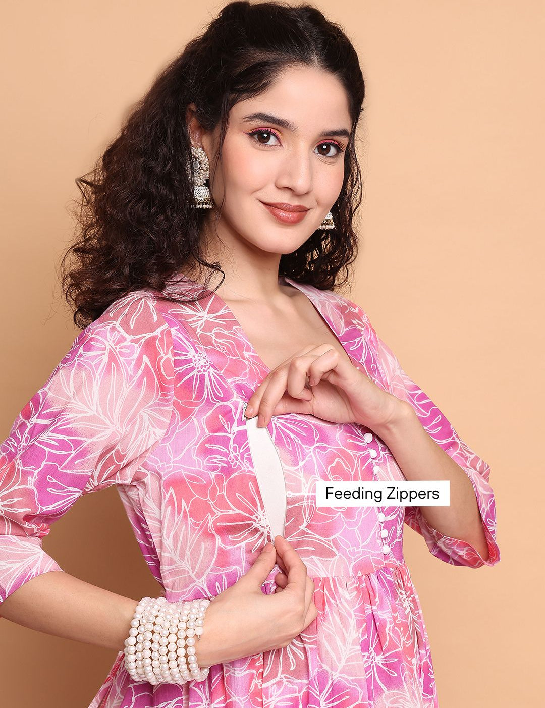 Pink Floral Cotton Maternity Kurta with Trouser and Dupatta