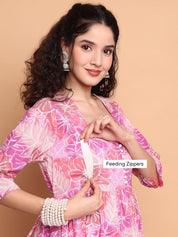 Pink Floral Cotton Maternity Kurta with Trouser and Dupatta