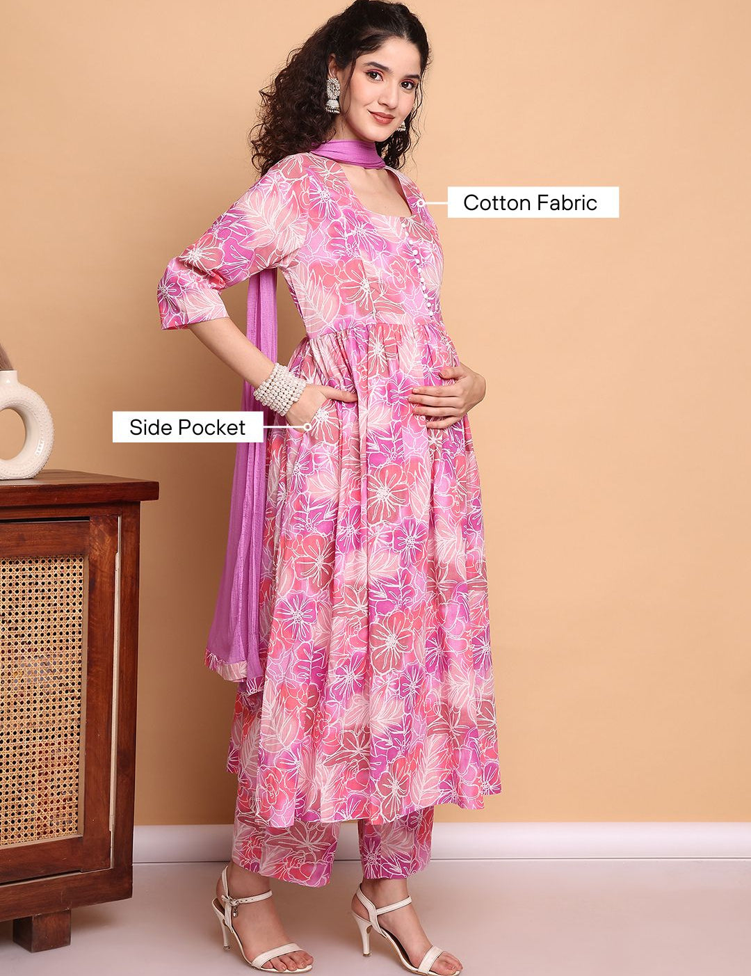 Pink Floral Cotton Maternity Kurta with Trouser and Dupatta