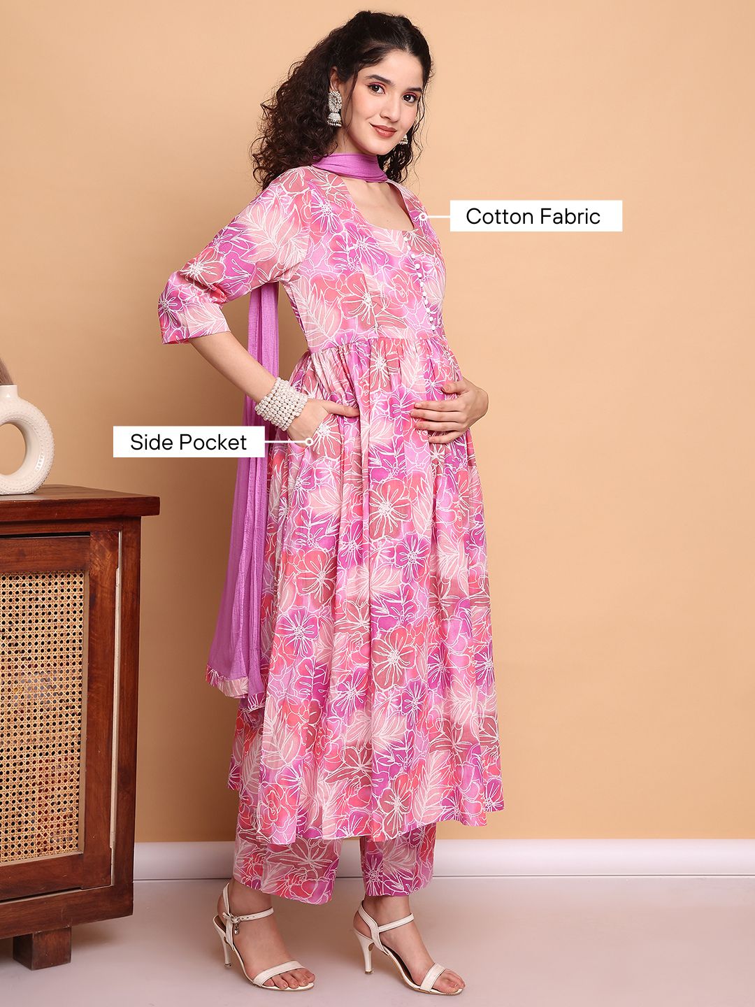 Pink Floral Cotton Maternity Kurta with Trouser and Dupatta