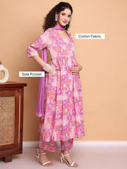 Pink Floral Cotton Maternity Kurta with Trouser and Dupatta