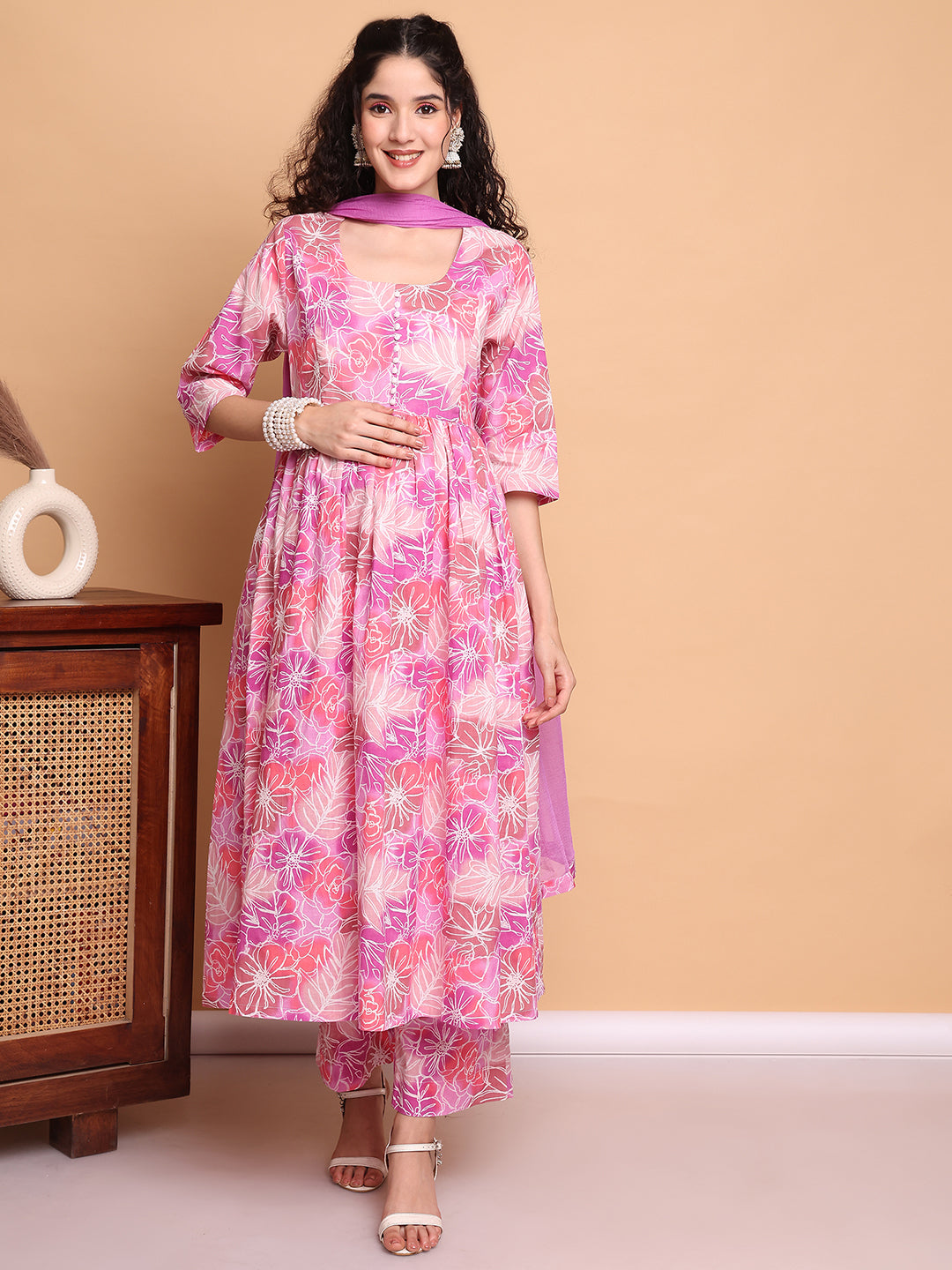 Pink Floral Cotton Maternity Kurta with Trouser and Dupatta