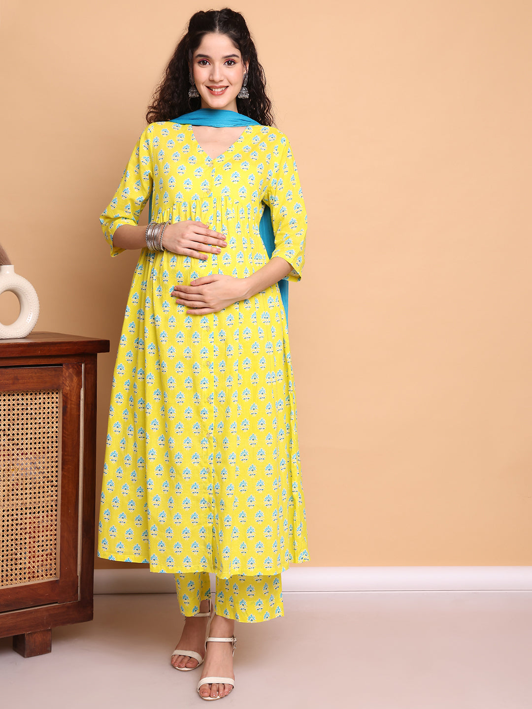 Yellow Floral Cotton Maternity Kurta with Trouser and Dupatta